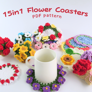 15-in-1 flower coasters crochet PDF pattern with colorful crochet coasters around a white mug on a light background.