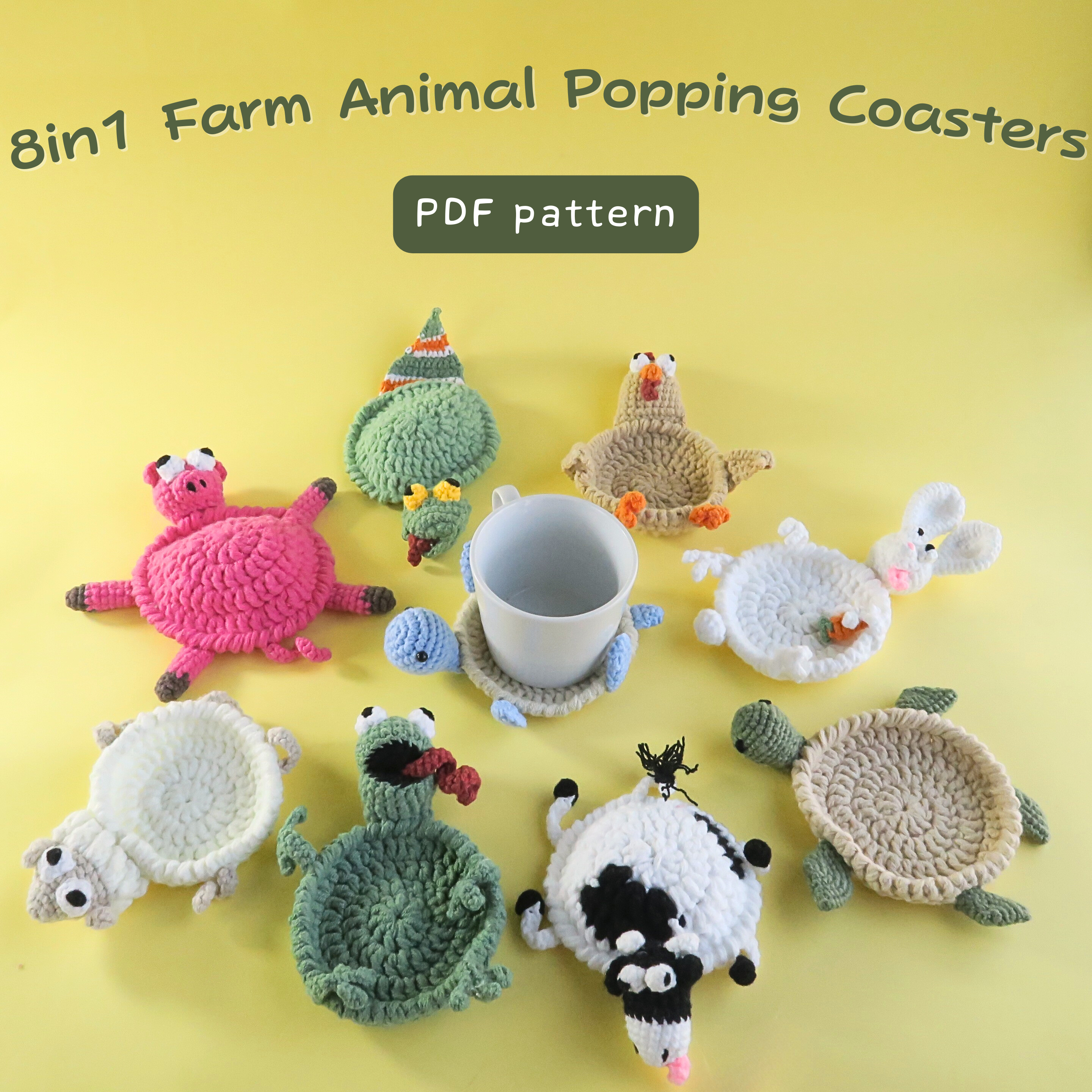 8in1 Farm Animal Popping Coasters Crochet Pattern – Hooktasy