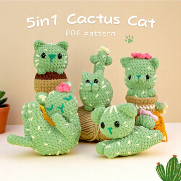 5-in-1 Cactus Cat Crochet Patterns Bundle