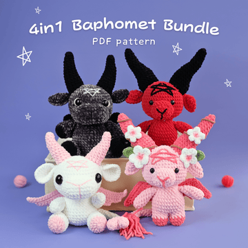 A promotional image featuring four Baphomet crochet pattern each in different colors and styles. The baphomet crocheted are presented on a purple background with decorative elements like stars and flowers.