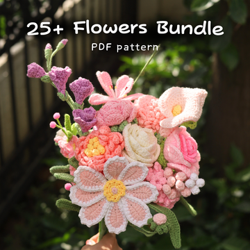 Bouquet of crocheted flowers in Hooktasy with text '25+ Flowers Bundle PDF pattern' against a blurred green background.