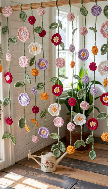 Crocheted flower curtain with a watering can on a wooden floor.