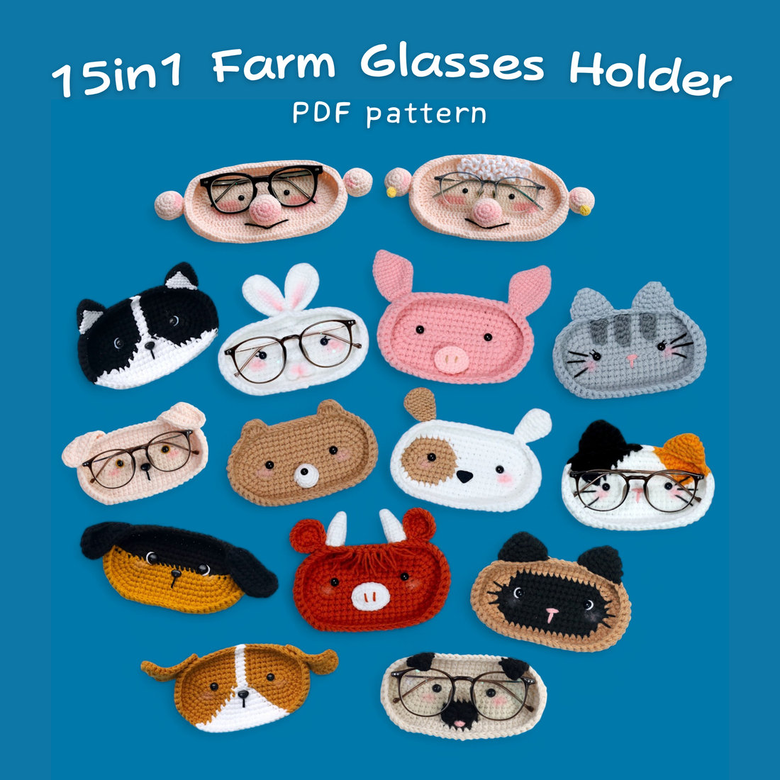 15in1 Farm Glasses Holder PDF pattern with various animal-themed glasses holders in crocheted on a blue background
