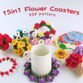 15-in-1 flower coasters crochet PDF pattern with colorful crochet coasters around a white mug on a light background.