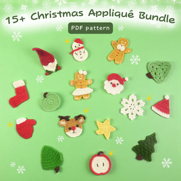 Collection of Christmas-themed appliqués crochet pattern on a green background with snowflakes in Hooktasy.