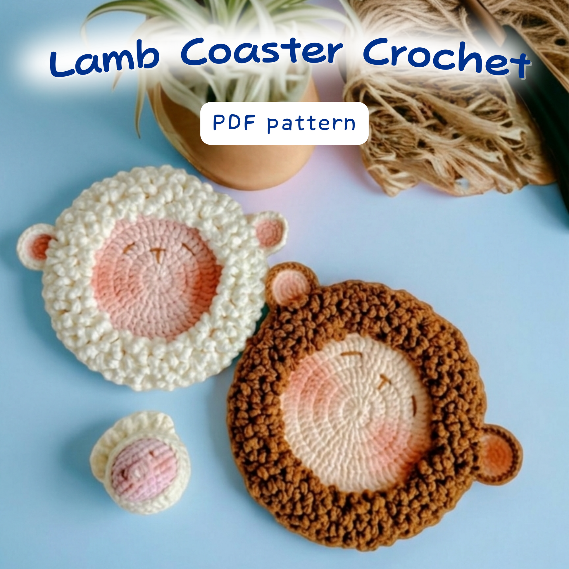 Lamb Coaster crochet pattern PDF, crochet lamb coaster, sheep coaster pattern, animal coaster pattern, beginner crochet coaster pattern, handmade crochet home decor gift