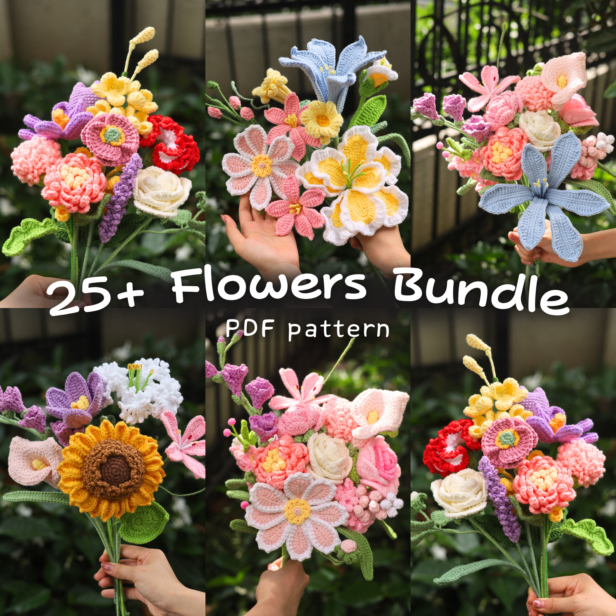 Collage of crocheted flower bouquets from Hooktasy with text '25+ Flowers Bundle PDF pattern'.