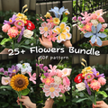Collage of crocheted flower bouquets from Hooktasy with text '25+ Flowers Bundle PDF pattern'.