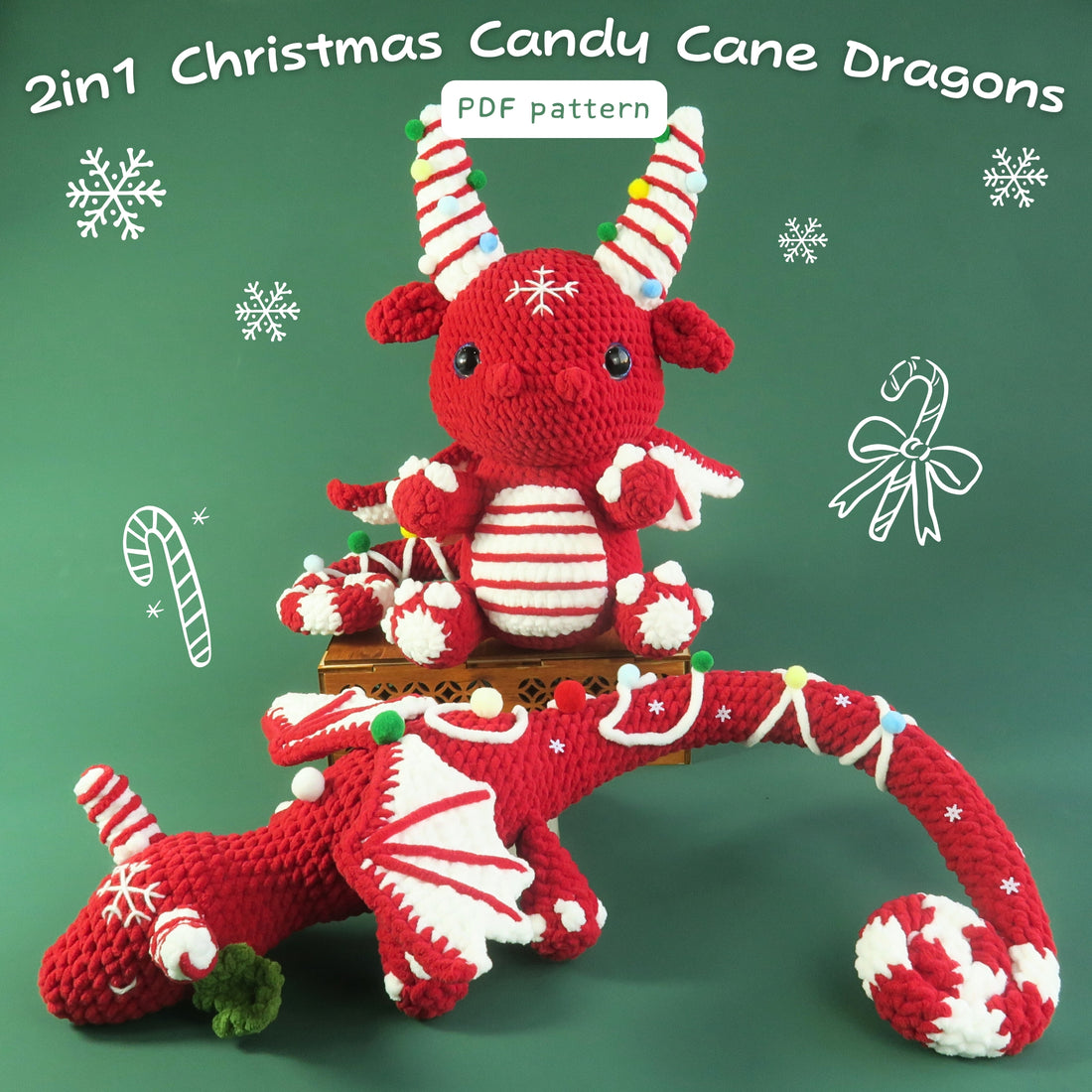 Crocheted Christmas candy cane dragon toy with a green background and candy cane decorations.
