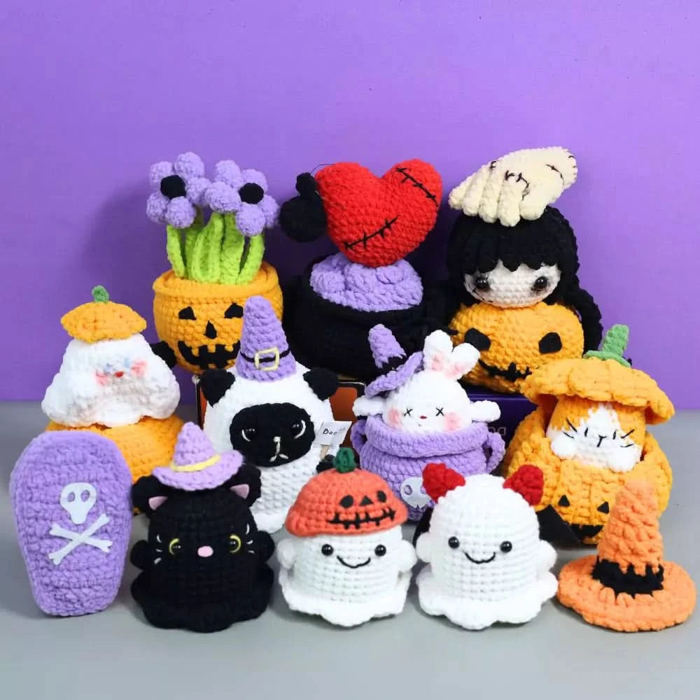 A collection of 35+ halloween crochet patterns Hooktasy including shapes like ghosts, cats, and pumpkins arranged against a purple background.