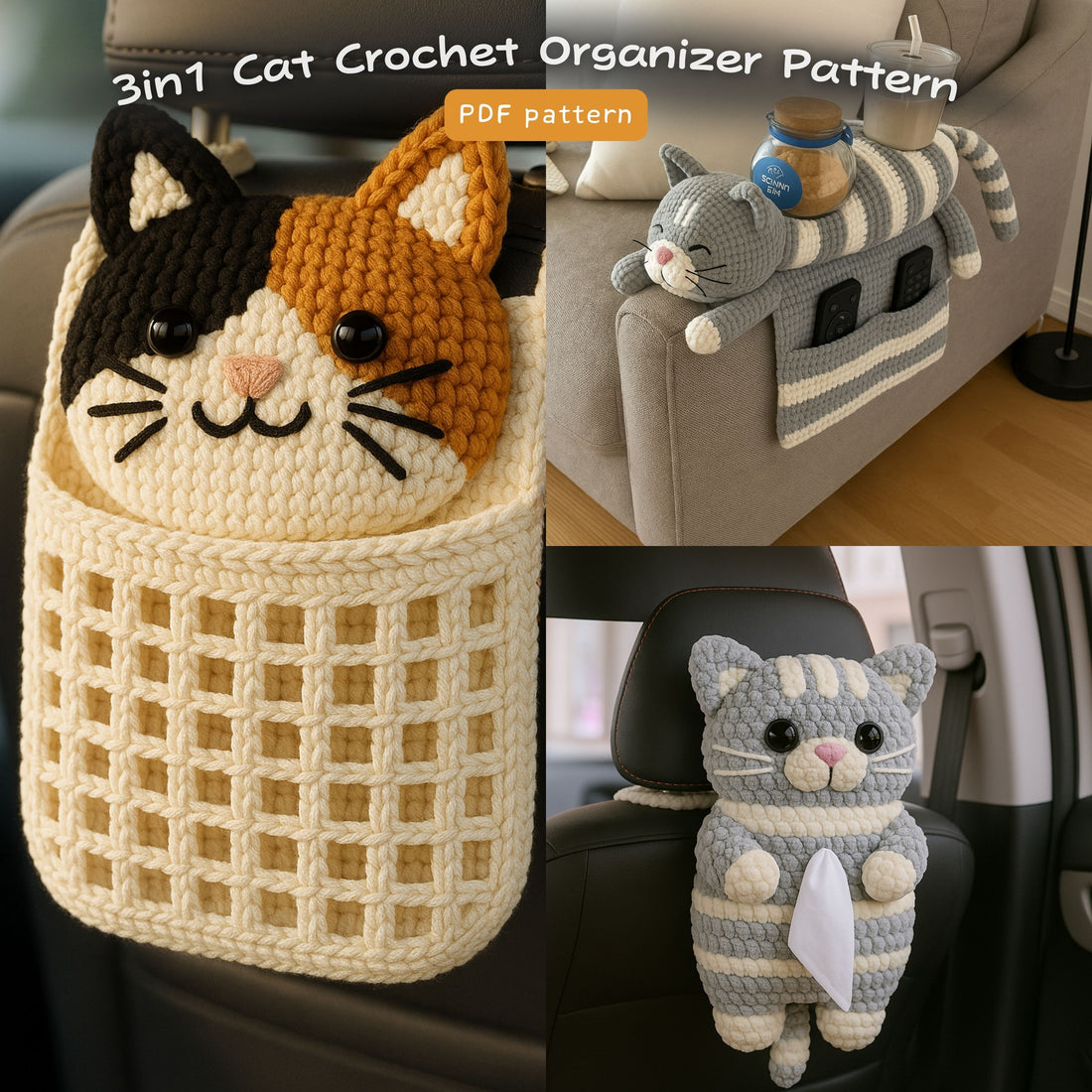 Cute Cat Organizer Crochet Pattern includes sofa organizer, car tissue holder & hanging basket