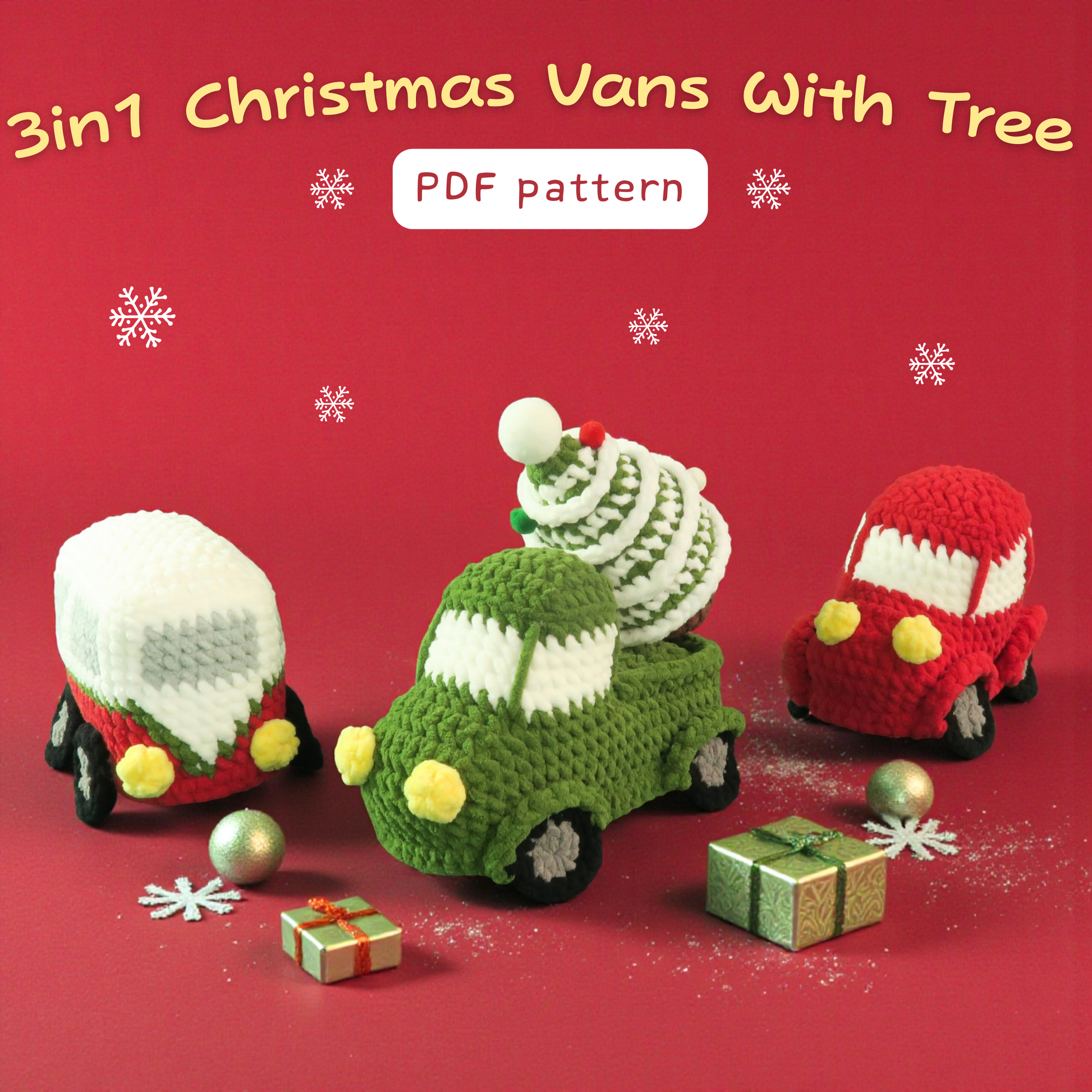 Crocheted Christmas vans with a tree on a red background with snowflakes.