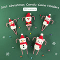 Christmas candy cane crochet holders with Santa, snowman, and cat shape on a green background.