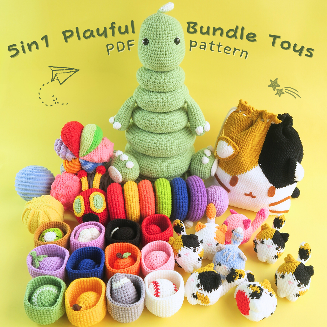 Collection of 5 crochet toys on a yellow background with stacking toys, sensory balls, cat memory game, color sorting crochet pattern