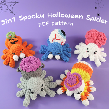 5in1 Colorful crocheted halloween spider pumpkin toys, spider eyes crocheted, brain spider crocheted, vase spider crocheted, candy witch spider crocheted on a purple background with text '5in1 Spooky Halloween Spider PDF pattern'.