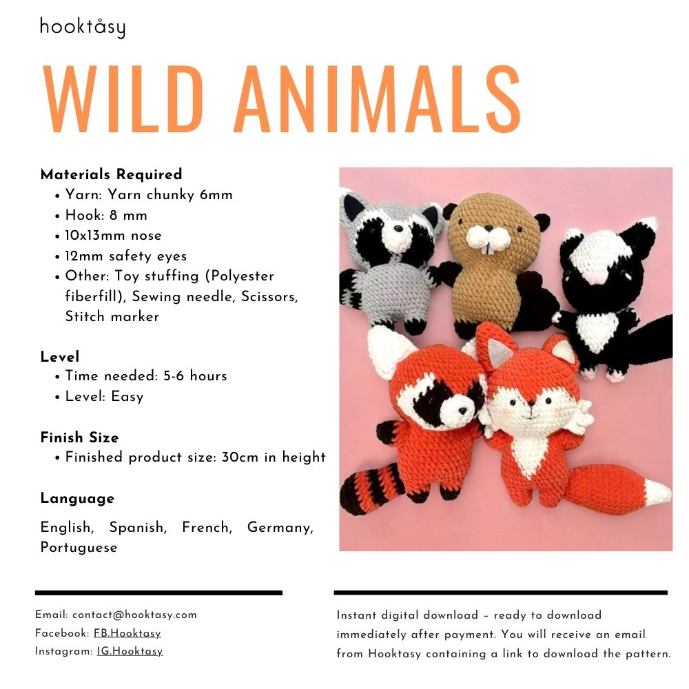 5 in 1 Wild Animal Bundle Raccoon, Beaver, Redpanda, Skunk, Fox - Hooktasy