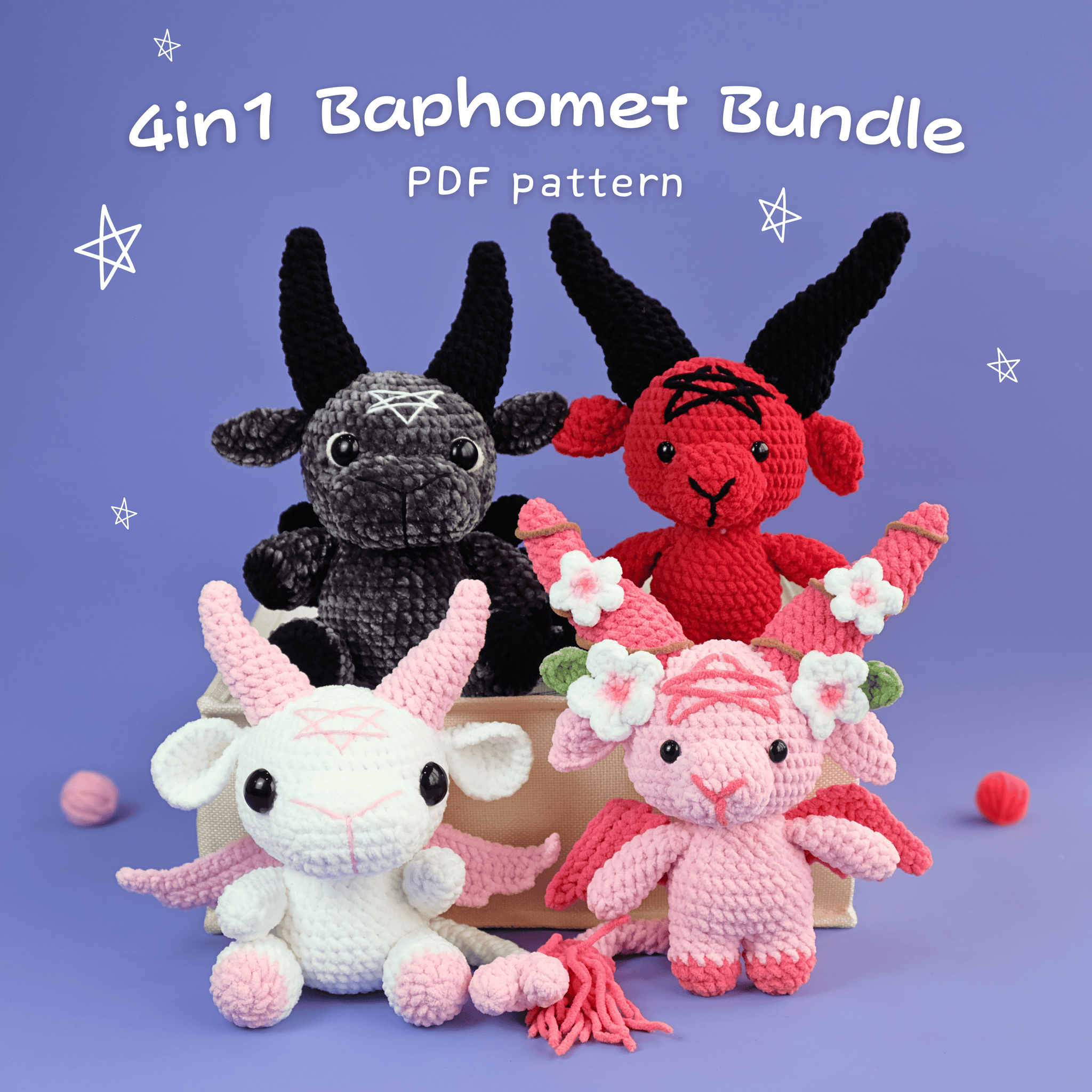 A promotional image featuring four Baphomet crochet pattern each in different colors and styles. The baphomet crocheted are presented on a purple background with decorative elements like stars and flowers.