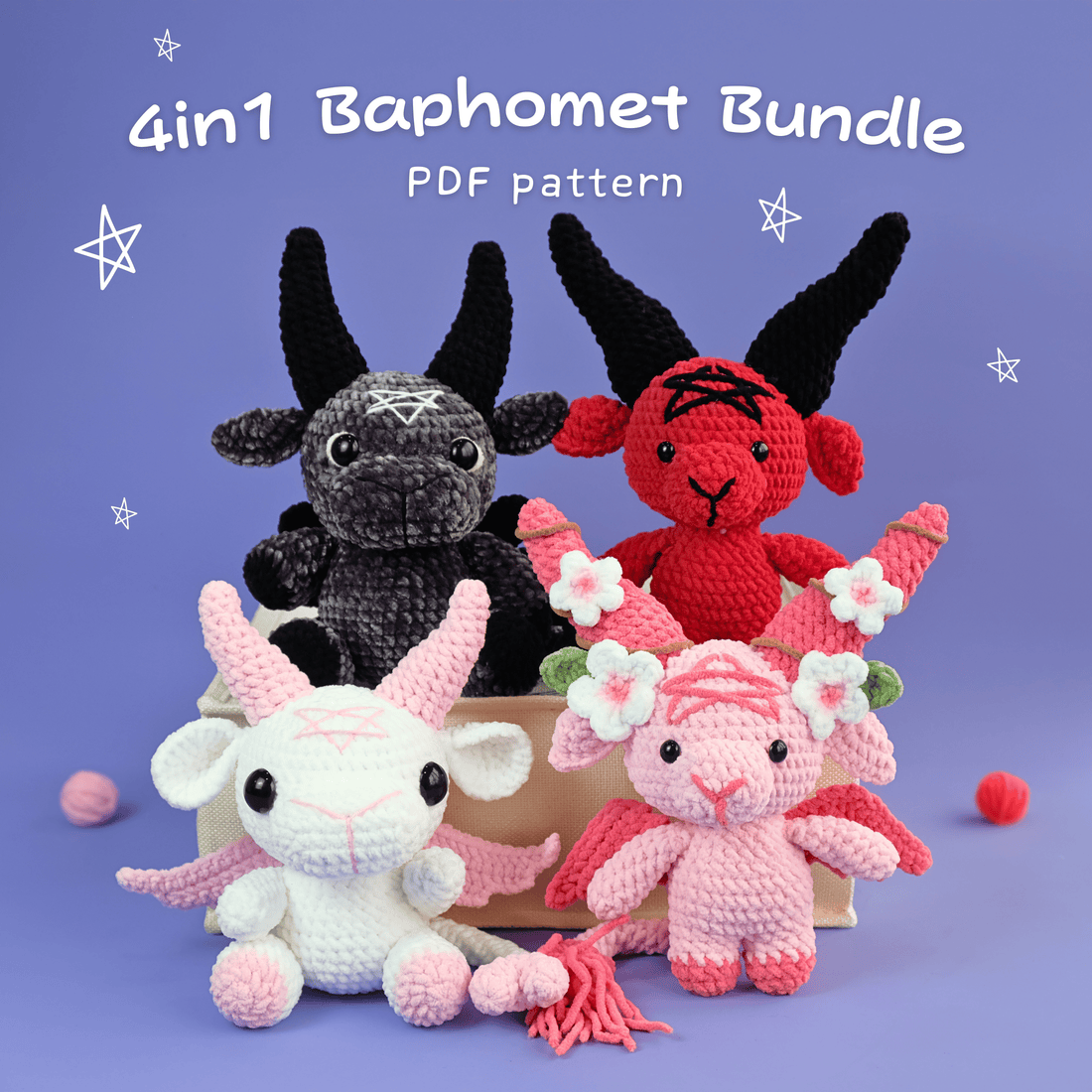 A promotional image featuring four Baphomet crochet pattern each in different colors and styles. The baphomet crocheted are presented on a purple background with decorative elements like stars and flowers.