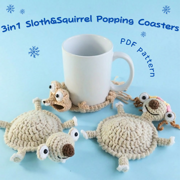 3in1 Ground Sloth Couple & Squirrel Popping Coasters Crochet Pattern