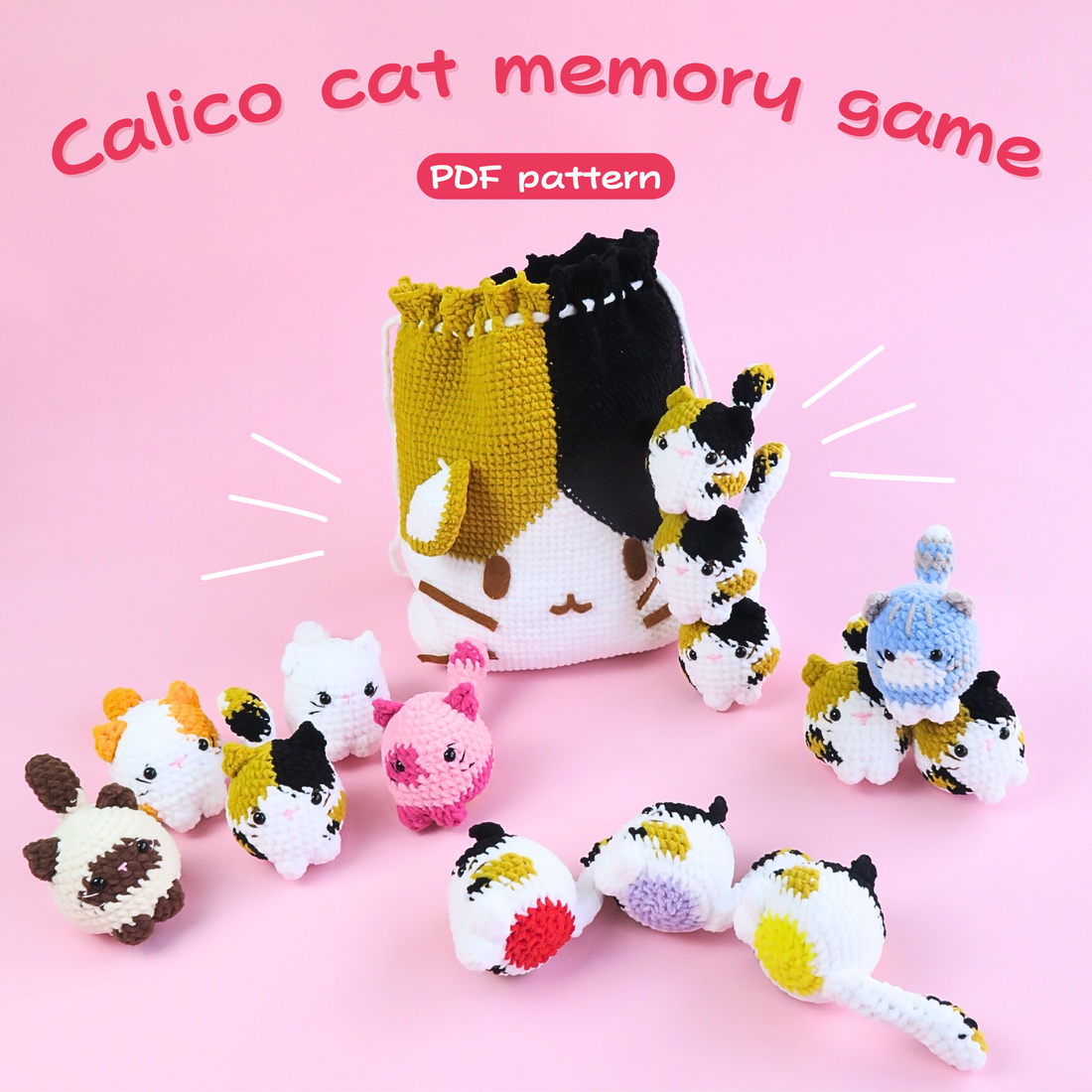 Crocheted calico cat memory game with PDF pattern on a pink background