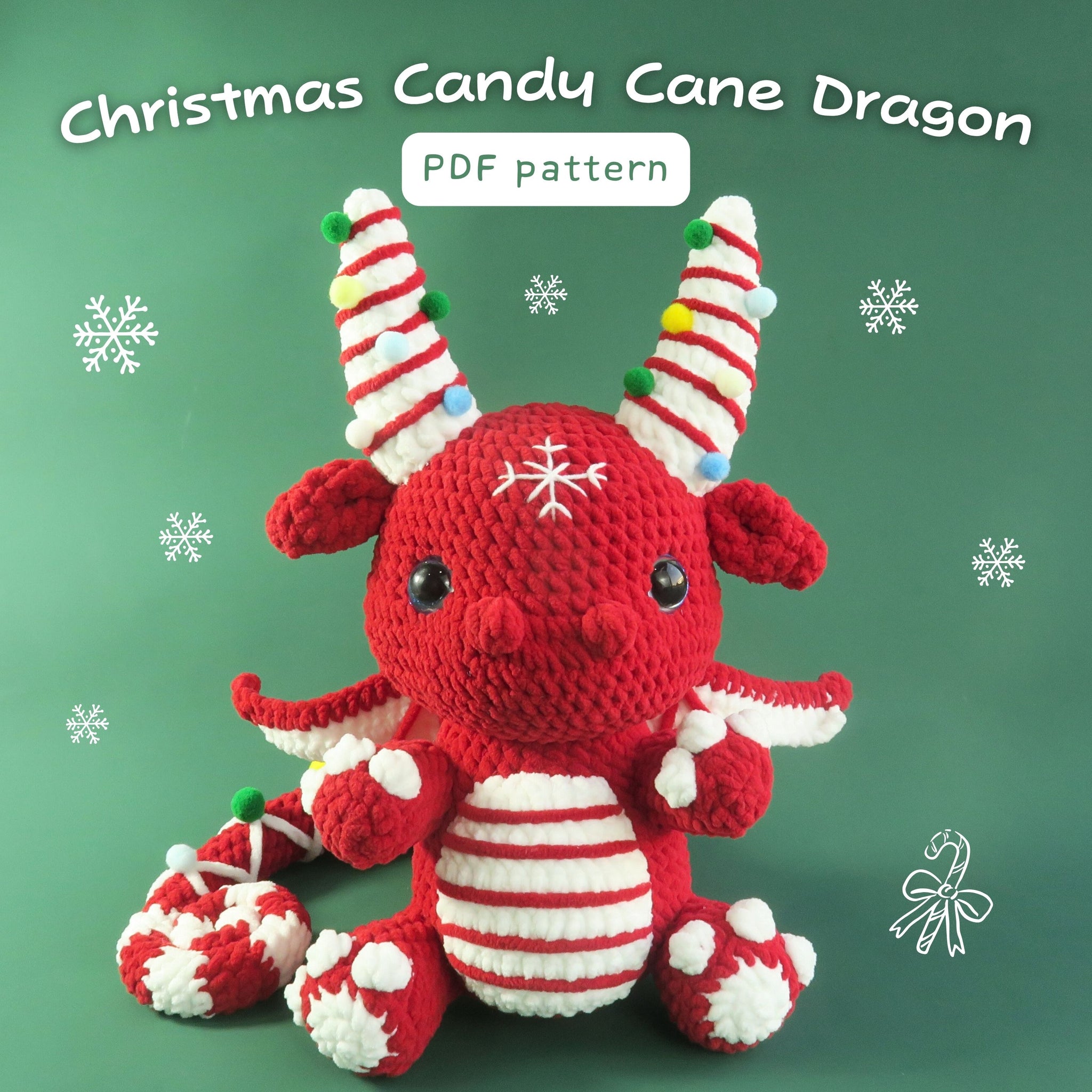 Candy Cane Dragon Crocheted design on a green background with snowflakes.