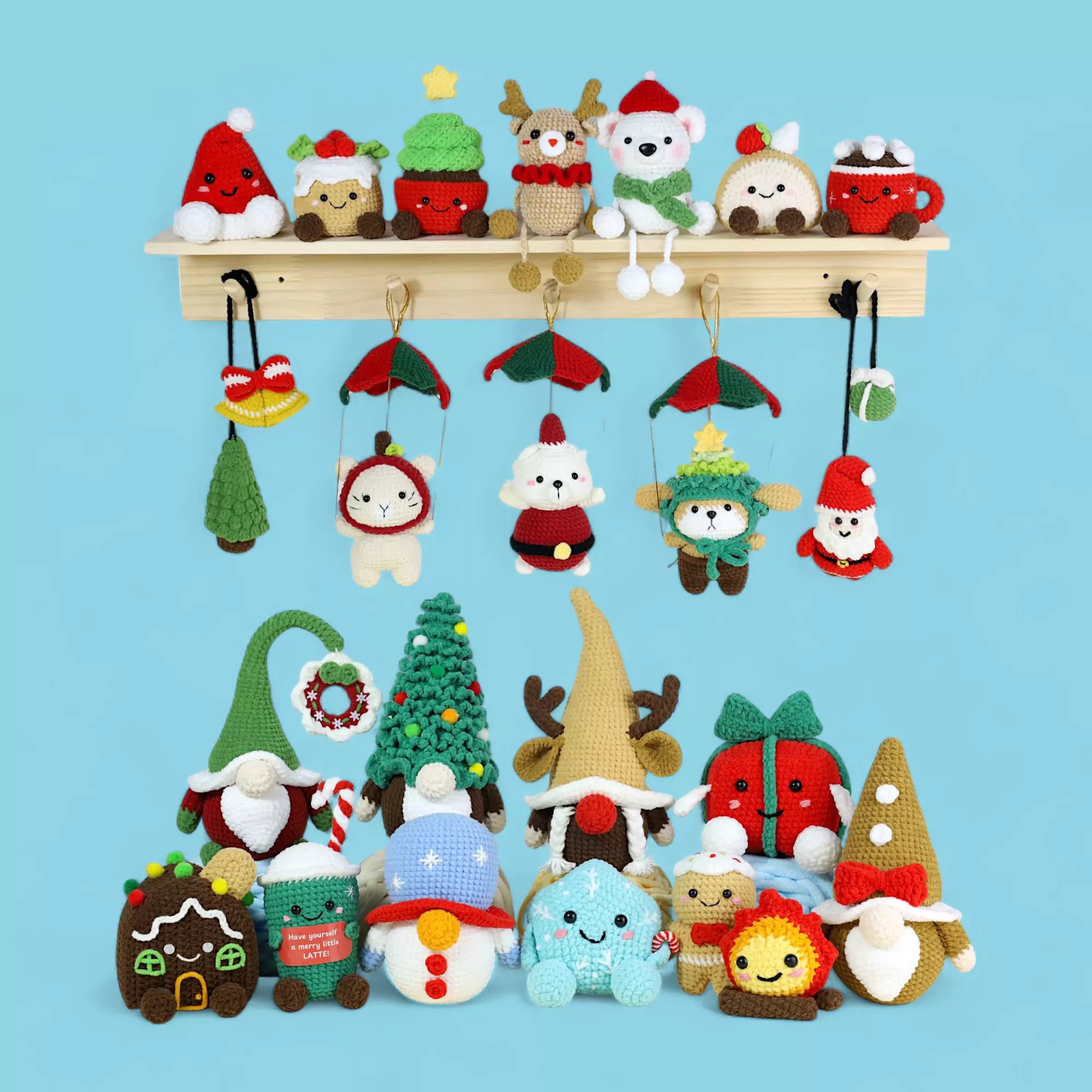 Collection of crochet Christmas ornaments, dolls, santa, navity scene, applique, christmas tree,gift crochet on a blue background in Hooktasy
