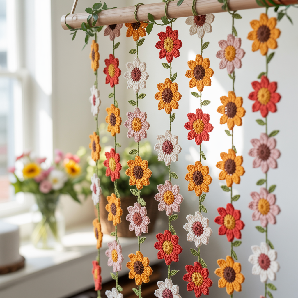 Fall Thanksgiving Sunflower Curtain Crochet Pattern by Hooktasy