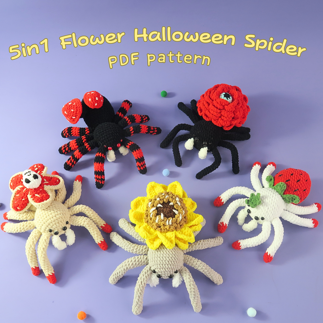 5 crocheted flower halloween spiders with flower heads on a purple background, labeled '5in1 Flower Halloween Spider PDF pattern'.