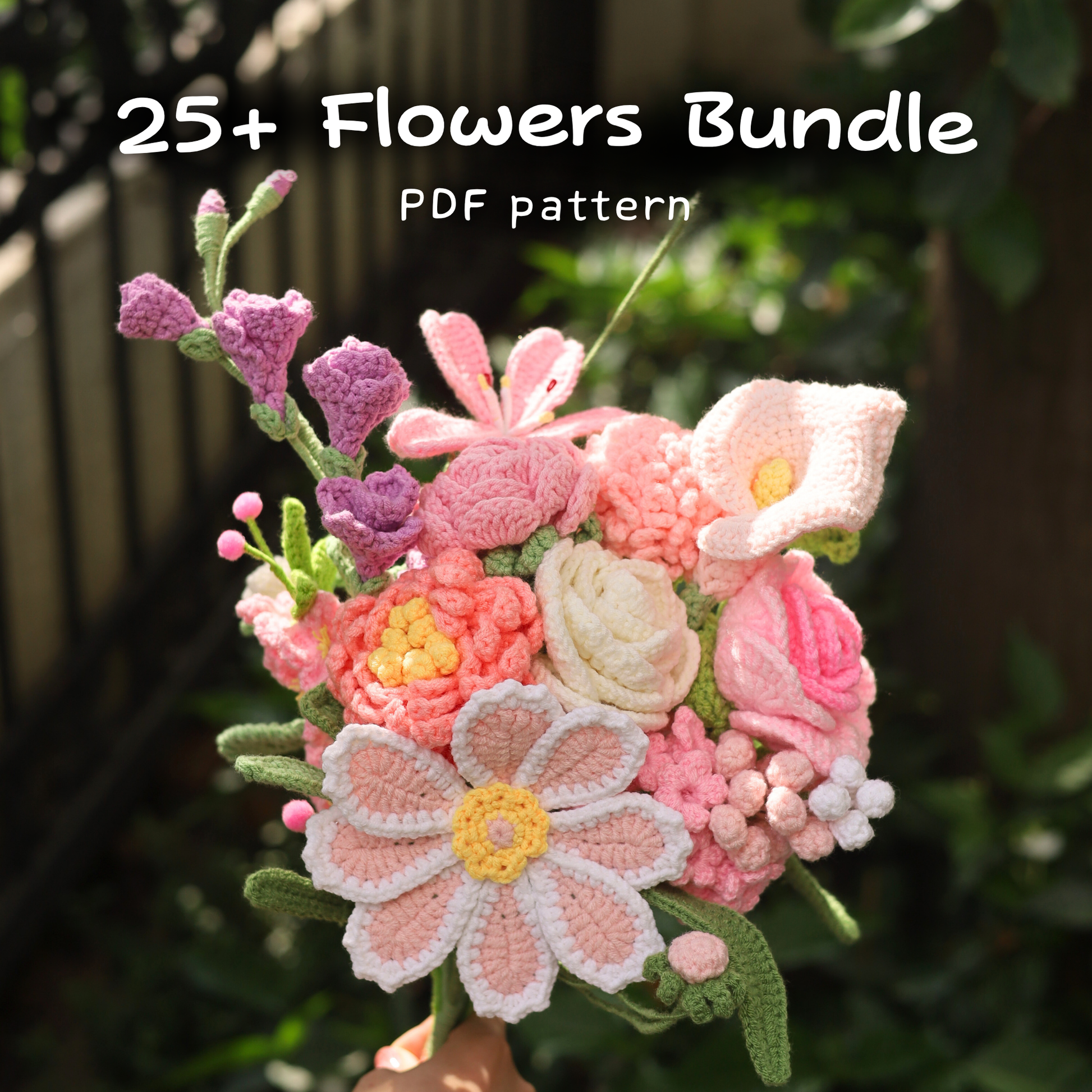 Bouquet of crocheted flowers in Hooktasy with text '25+ Flowers Bundle PDF pattern' against a blurred green background.