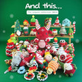 Hooktasy Family Membership can access collection of colorful christmas crochet toys on a green background.