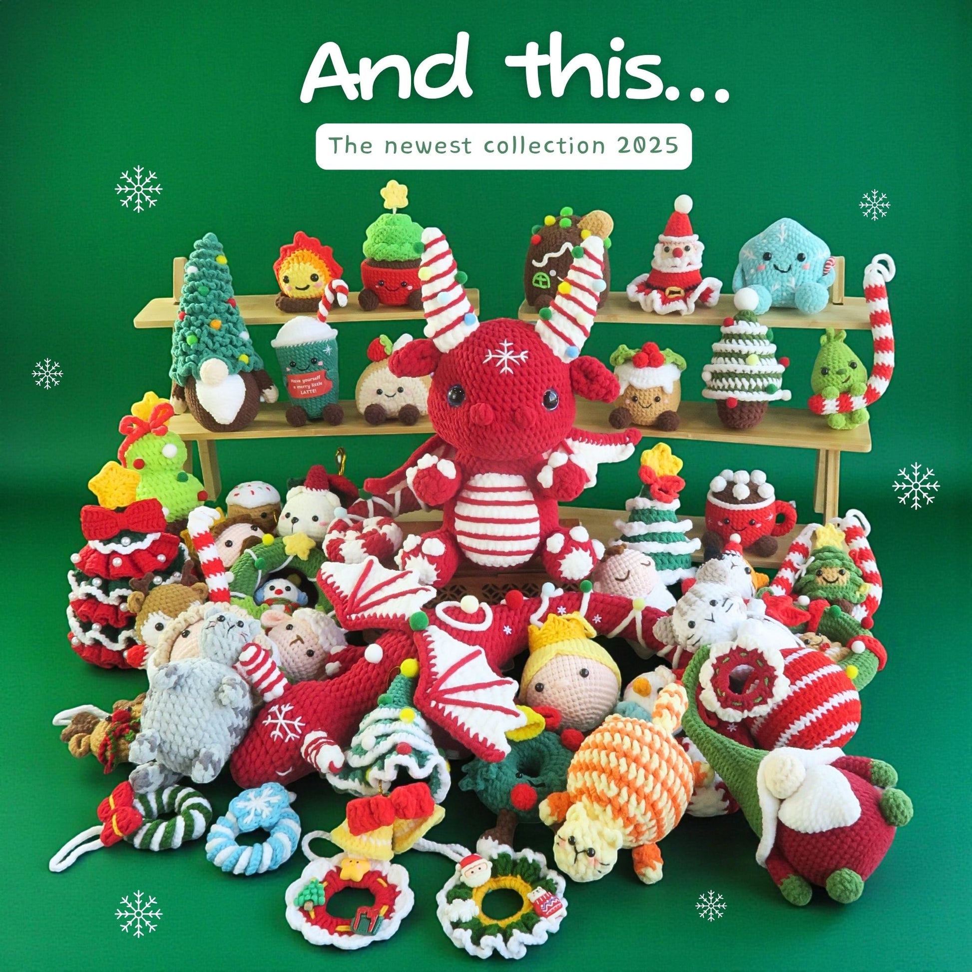 Hooktasy Family Membership can access collection of colorful christmas crochet toys on a green background.