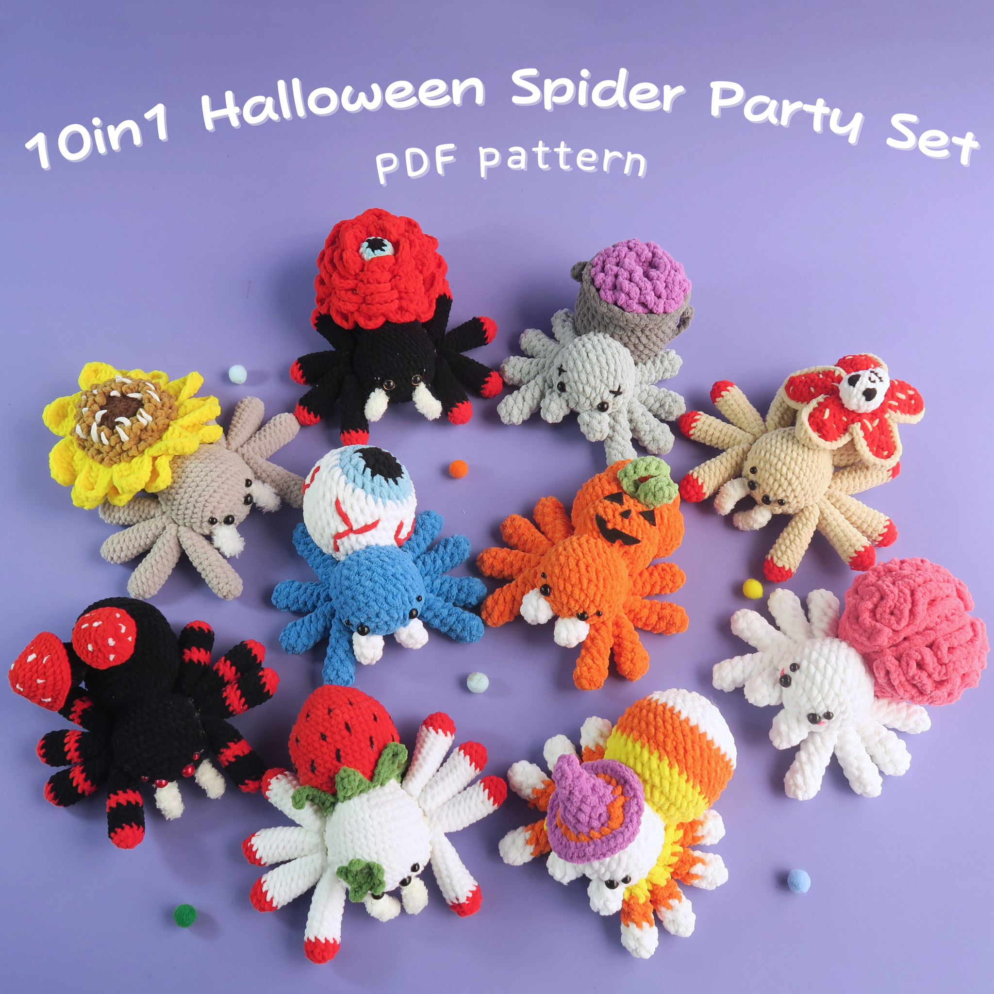 10in1 Halloween spider party set crochet pattern on a purple background