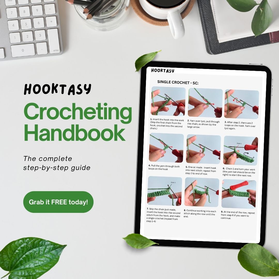 Hooktasy Crocheting Handbook E-books on a tablet with a keyboard and coffee cup in the background.