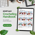 Hooktasy Crocheting Handbook E-books on a tablet with a keyboard and coffee cup in the background.