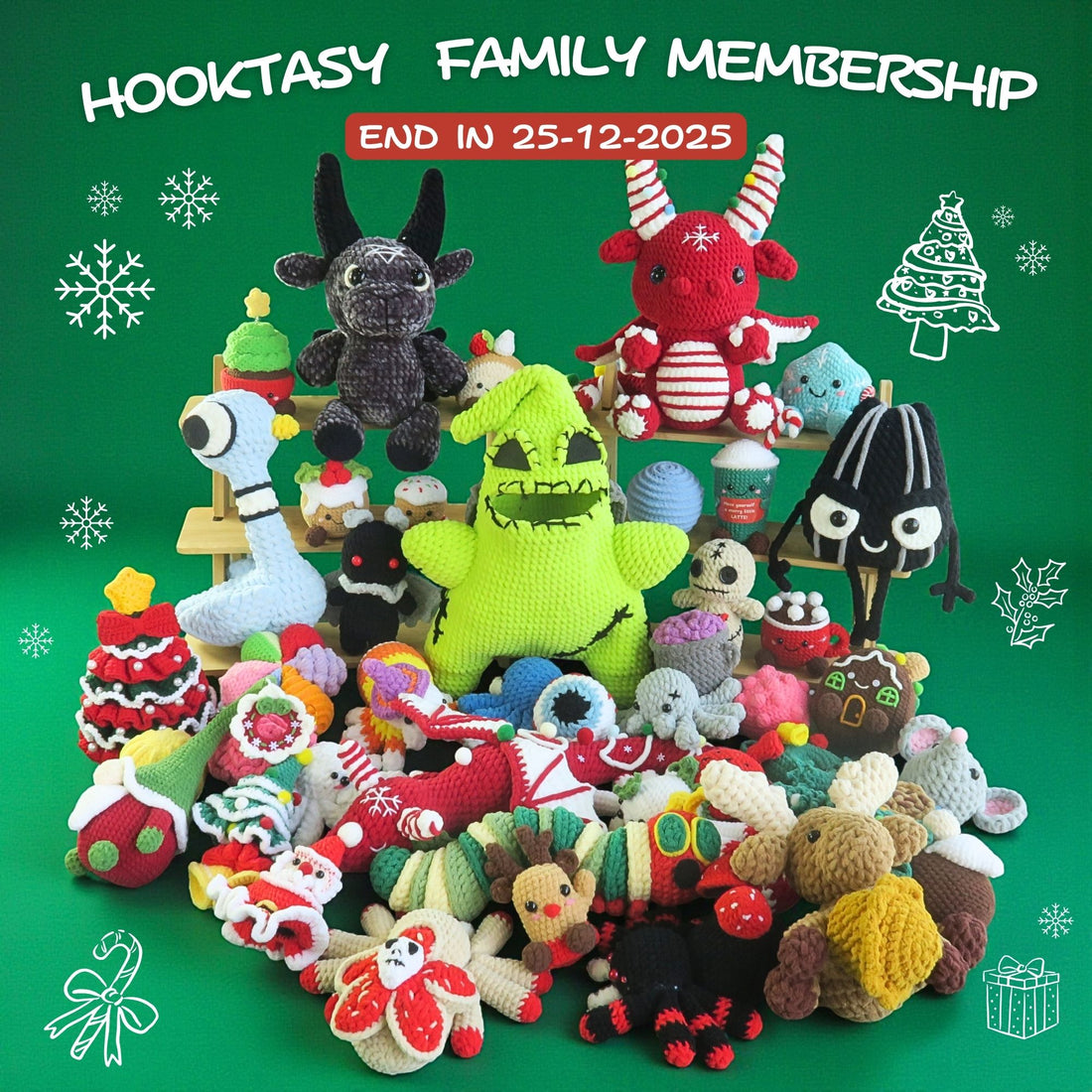 Hooktasy family membership can access in all collection of hot crochet patterns in Hooktasy on a green background.