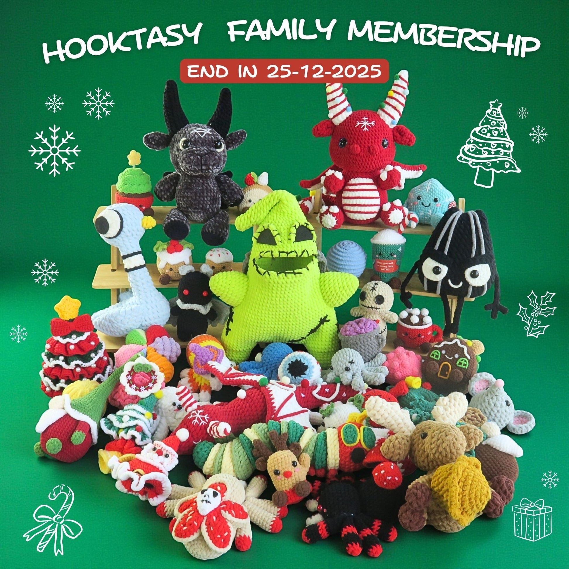 Hooktasy family membership can access in all collection of hot crochet patterns in Hooktasy on a green background.
