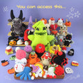 Hooktasy Family Membership can access collection of colorful crochet Halloween-themed toys on a purple background.