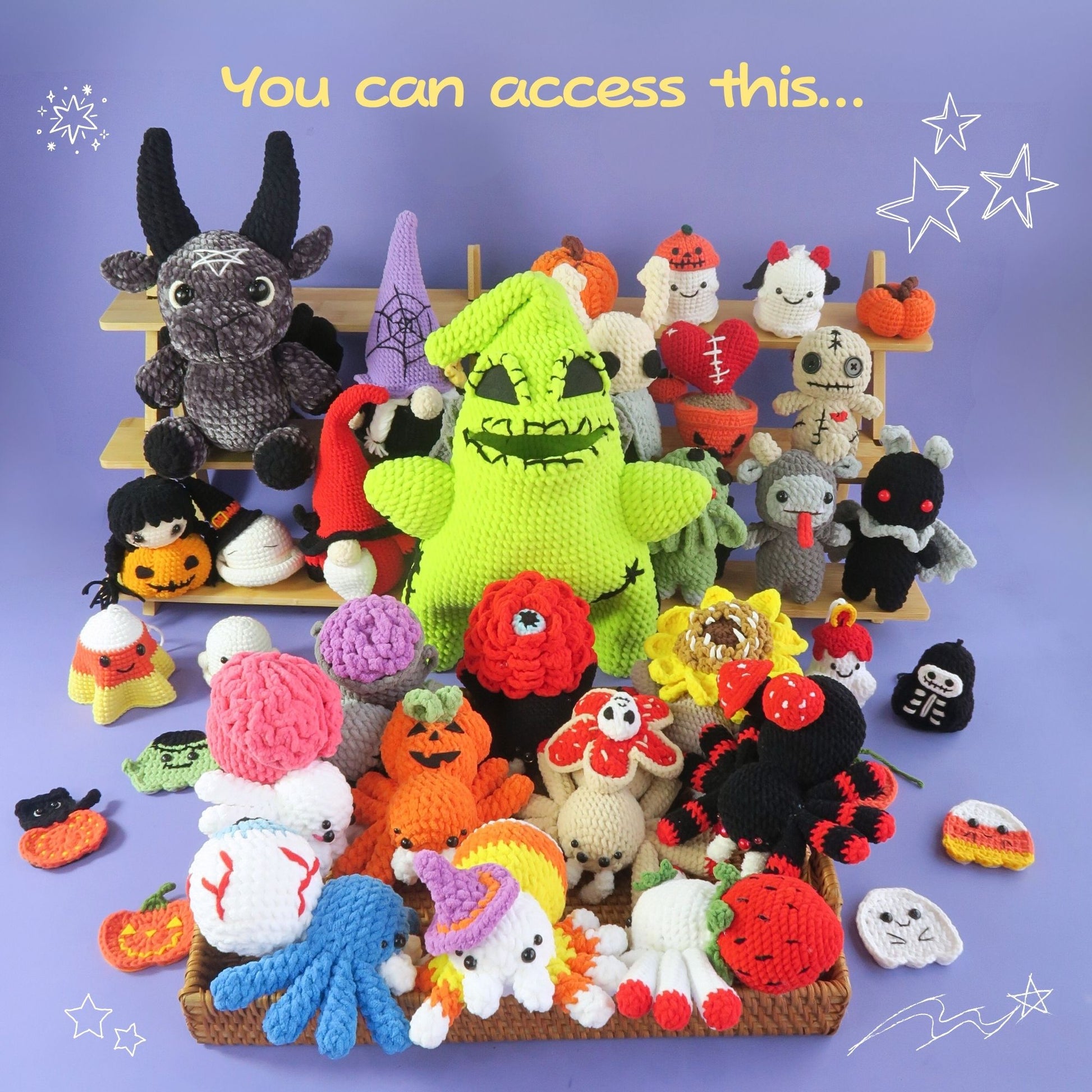 Hooktasy Family Membership can access collection of colorful crochet Halloween-themed toys on a purple background.