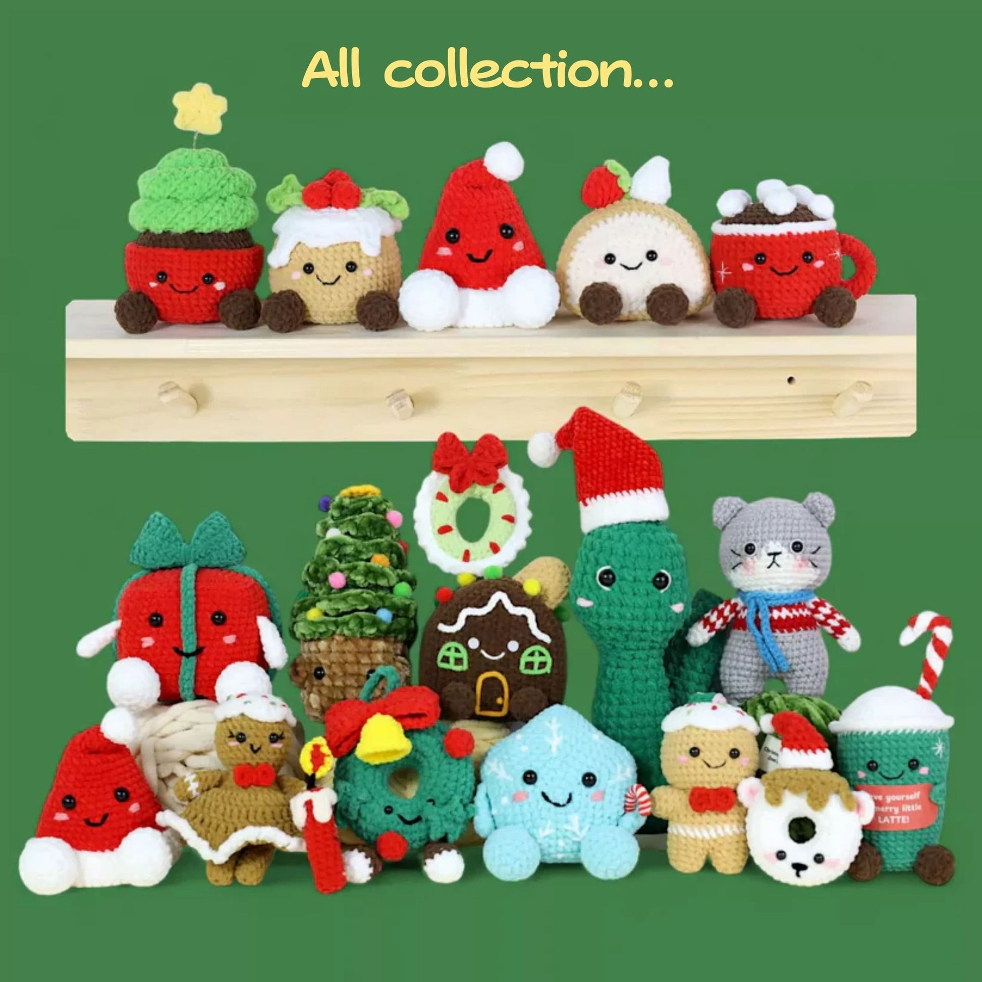 Hooktasy Family Membership can access all collection of crochet toys on a wooden shelf against a green background