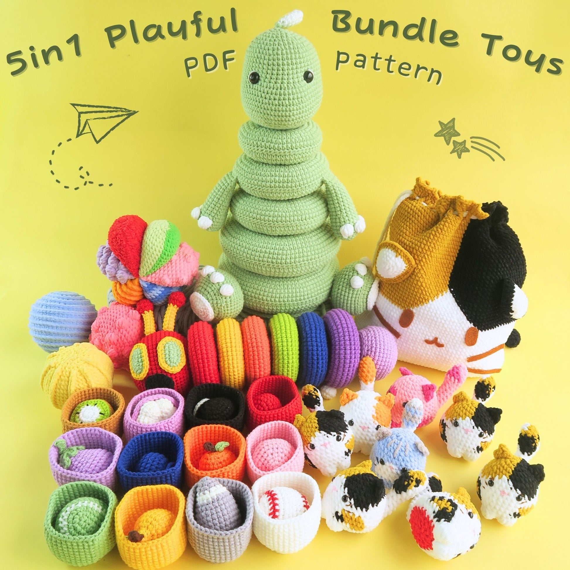 Hooktasy Family Membership can access collection of crochet toys including a green caterpillar, colorful animals, and various small items on a yellow background.