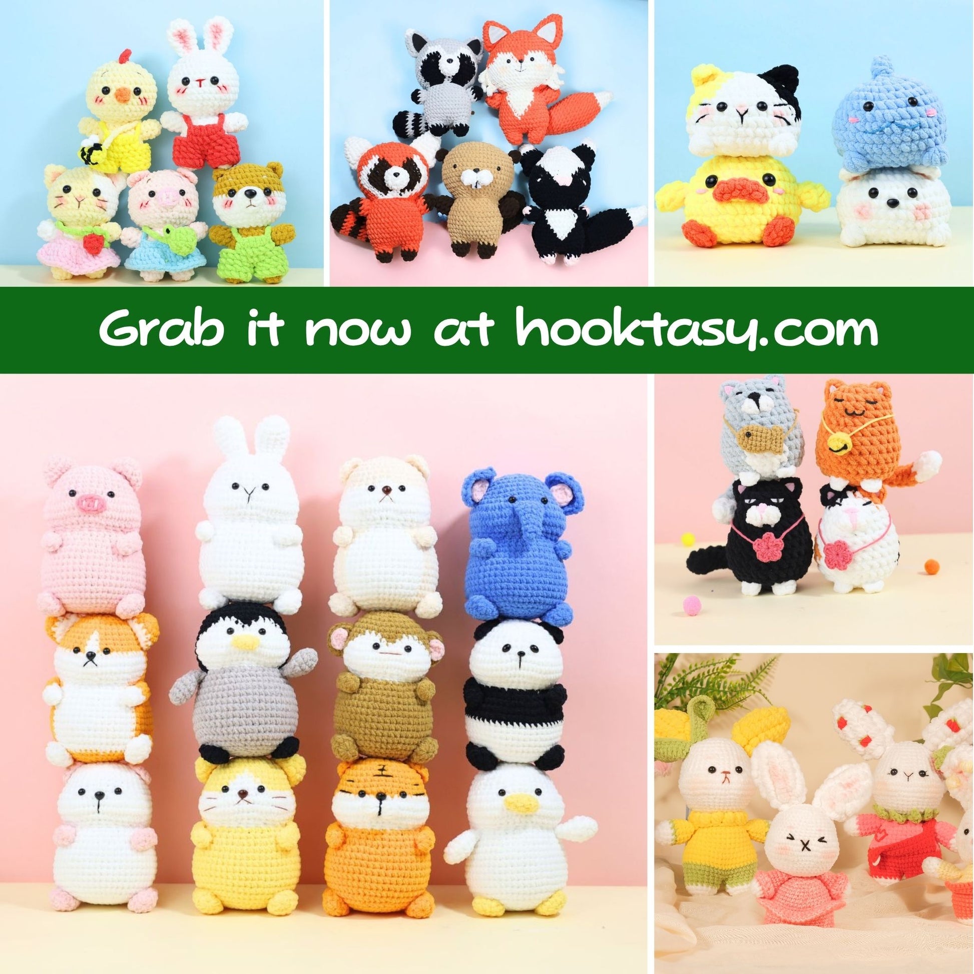 Collage of various colorful crochet animals with promotional text at hooktasy.com