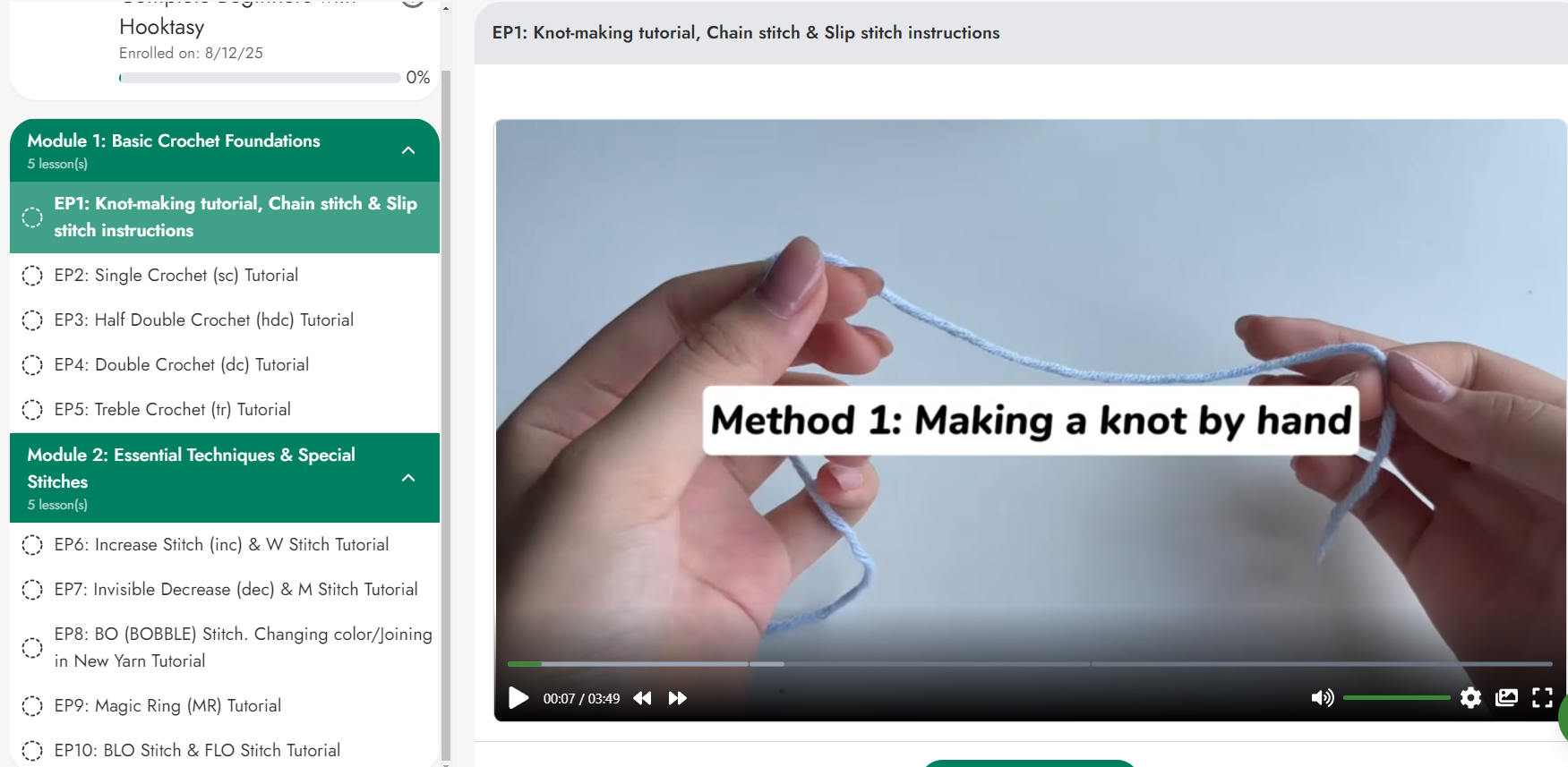 Crochet tutorial video with hands demonstrating a knot-making technique on How To Crochet Online Course in Hooktasy.