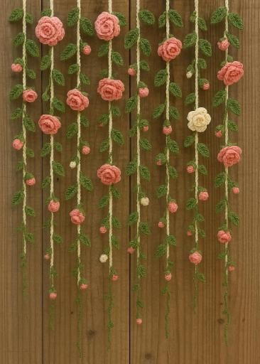 Rose flowers crocheted on a wooden background