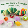 Crocheted caterpillar and fruits on a white background with text 'The Very Hungry Caterpillar 8in1 PDF pattern'.