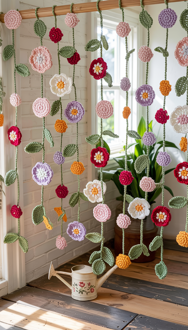 Crocheted flower curtain with a watering can on a wooden floor.